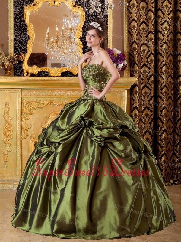 Brand New Olive Green Sweet 16 Dress StraplessTaffeta Appliques Ball Gown