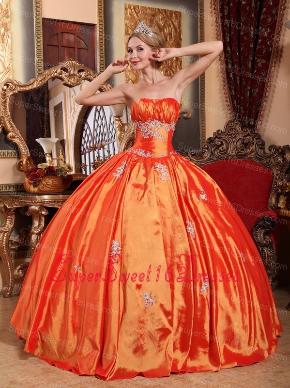 Simple Orange Red Sweet 16 Dress Strapless Taffeta Appliques Ball Gown