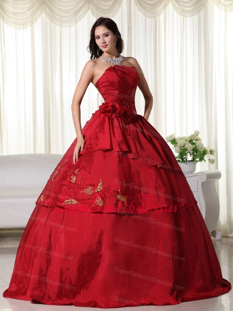 Wine Red Ball Gown Strapless Floor-length Taffeta Hand Flowers Sweet 16 Dress
