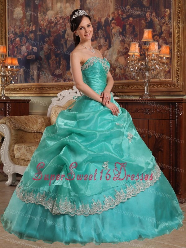 Brand New Turquoise Sweet 16 Dress Sweetheart Appliques Organza Ball Gown