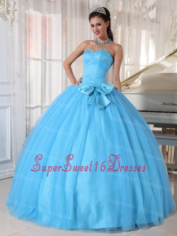 Informal Aqua Blue Sweet 16 Dress Sweetheart Tulle Beading and Bowknot Ball Gown