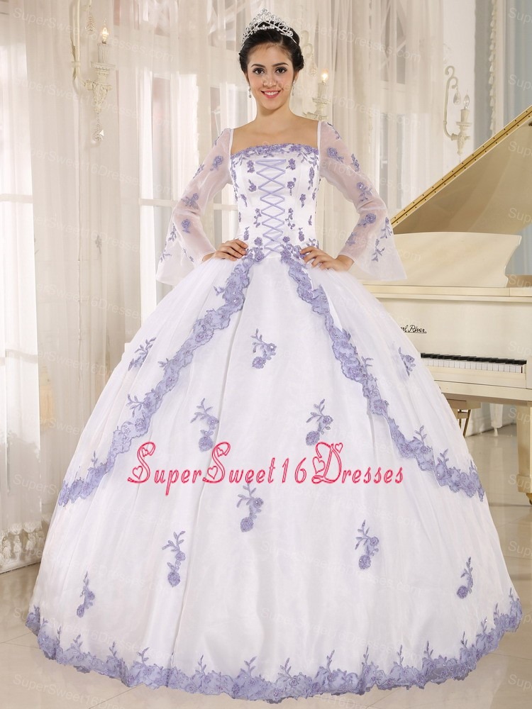 Lilac Embroidery Decorate On White Organza Square Neckline Sweet 16 Dress