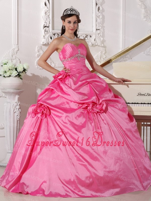 Modest Rose Pink Sweet 16 Dress Sweetheart Taffeta Beading and Hand Made Flowers Ball Gown