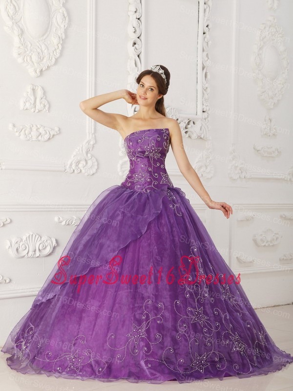 New Purple Sweet 16 Dress Strapless Satin and Organza Beading Ball Gown