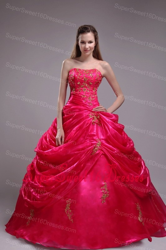 Classical Red Sweet 16 Quinceanera Dress Strapless Orangza Applqiues Ball Gown