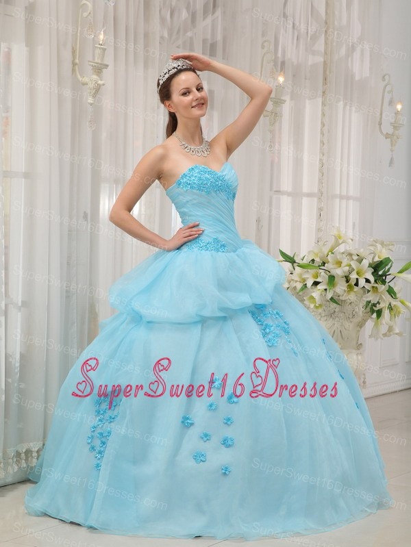 Inexpensive Light Blue Sweet 16 Dress Sweetheart Organza Appliques Ball Gown