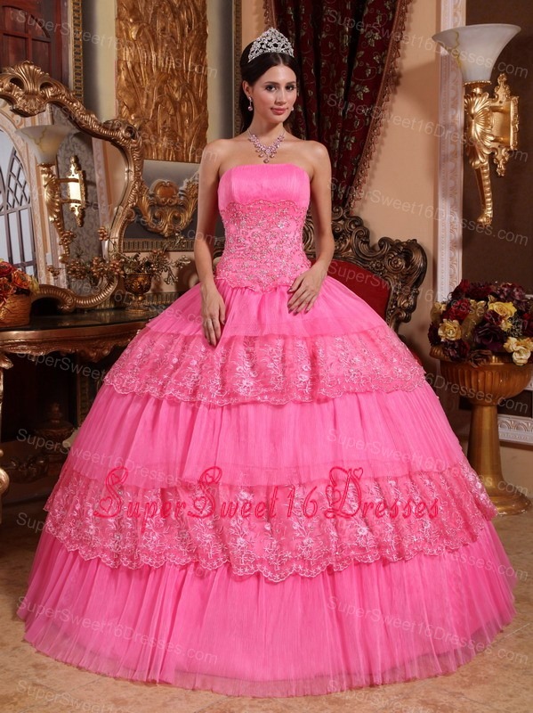 Lovely Rose Pink Sweet 16 Dress Strapless Organza Lace Appliques Ball Gown