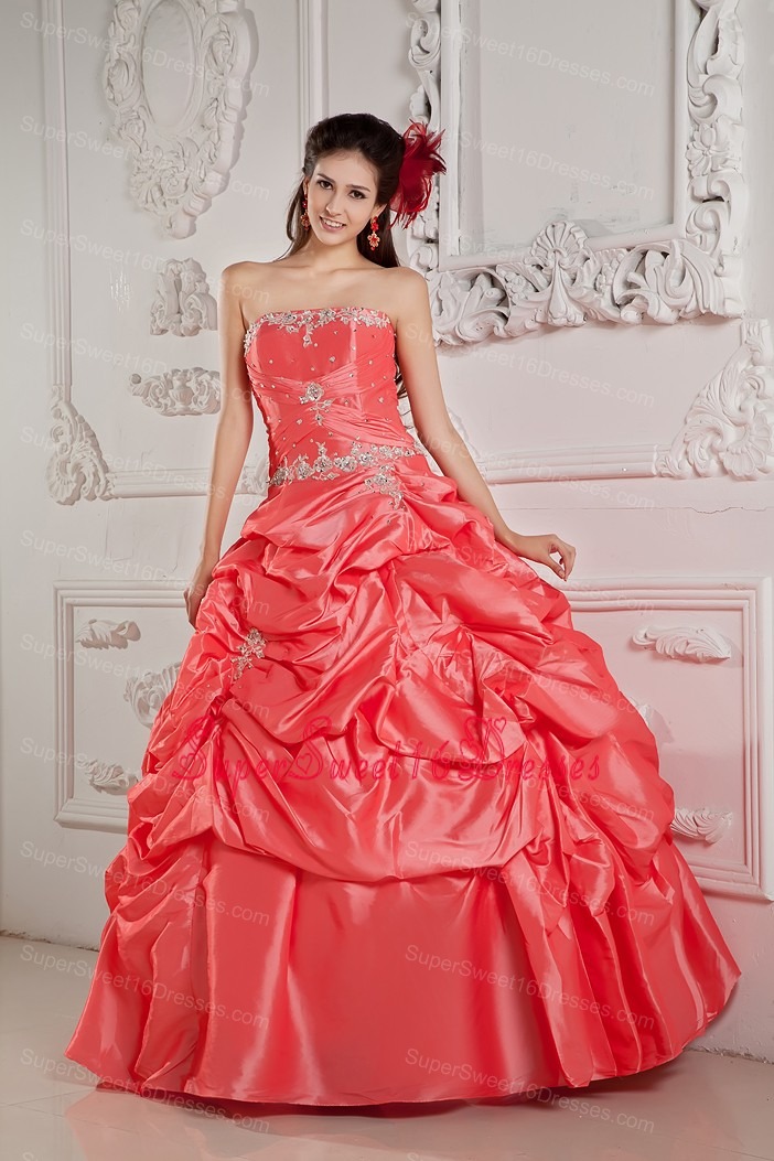 2013 Watermelon Red Sweet 16 Dress Ball Gown Strapless Taffeta Beading Floor-length