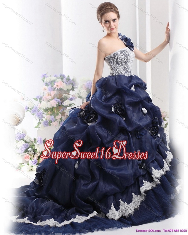 2015 One Shoulder Ruffles Quinceanera Dresses with Hand Made Flowers and Pick Ups