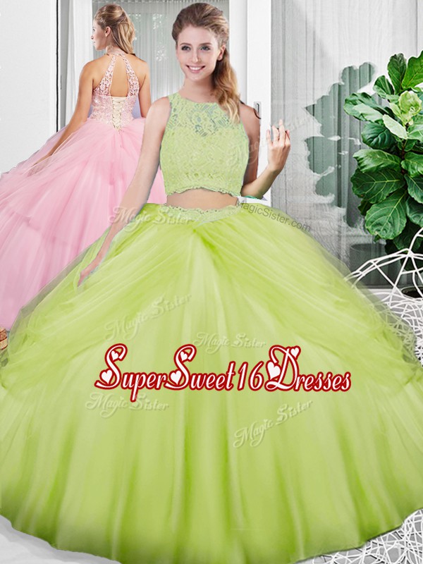  Yellow Green Lace Up Quinceanera Dresses Lace and Ruching Sleeveless Floor Length