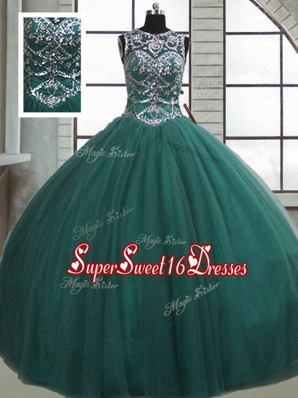  Dark Green Sleeveless Tulle Lace Up Sweet 16 Dresses for Military Ball and Sweet 16 and Quinceanera