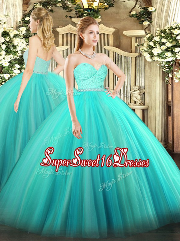 New Arrival Turquoise Tulle Zipper Sweetheart Sleeveless Floor Length Quinceanera Gowns Beading and Lace
