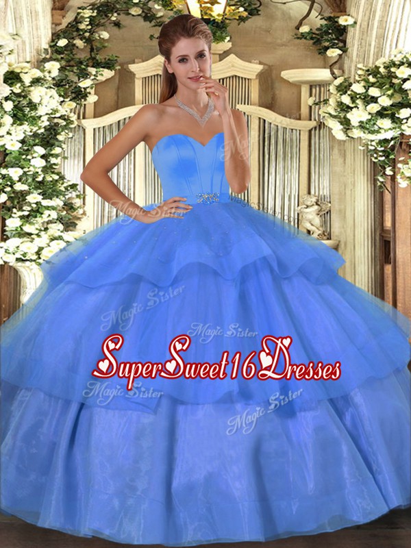 Discount Floor Length Baby Blue Sweet 16 Dresses Organza Sleeveless Beading and Ruffled Layers
