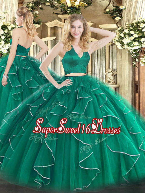 Popular Halter Top Sleeveless Sweet 16 Dresses Floor Length Ruffles Dark Green Organza