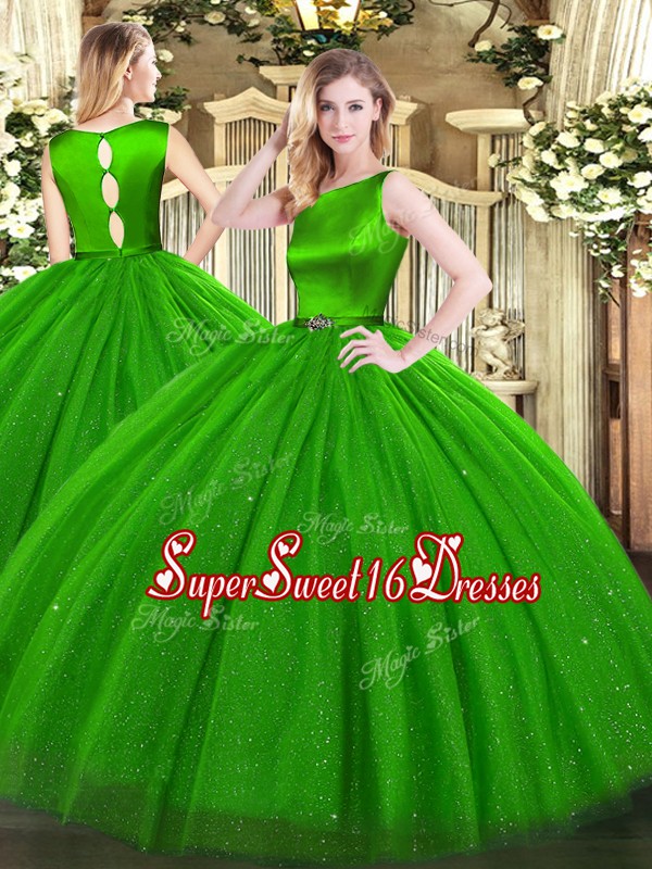  Tulle Scoop Sleeveless Clasp Handle Belt Quinceanera Dresses in Green