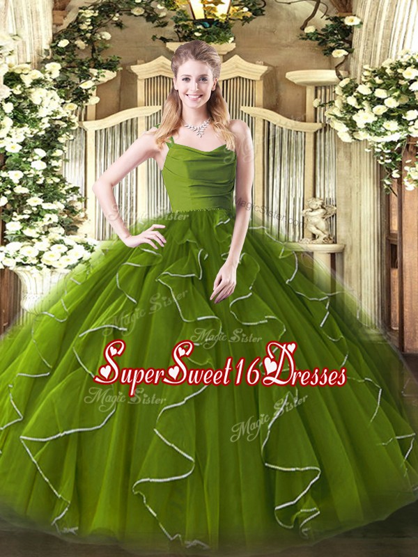 Best Selling Olive Green Zipper Straps Ruffles Quince Ball Gowns Organza Sleeveless