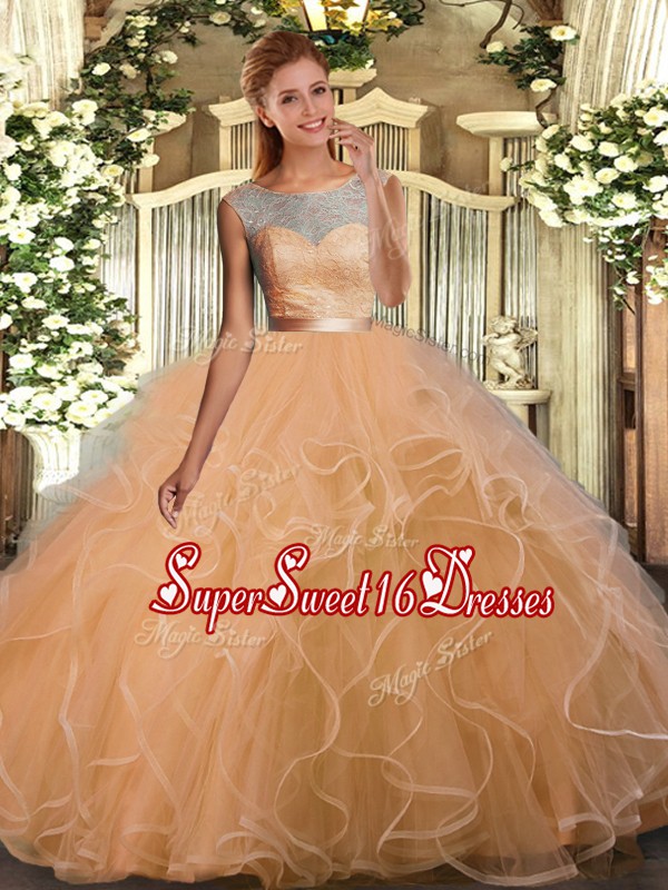  Gold Organza Backless Scoop Sleeveless Floor Length Ball Gown Prom Dress Lace and Ruffles