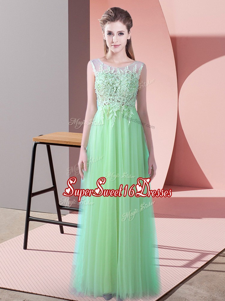 Most Popular Tulle Scoop Sleeveless Brush Train Zipper Beading and Lace Quinceanera Dama Dress in Apple Green