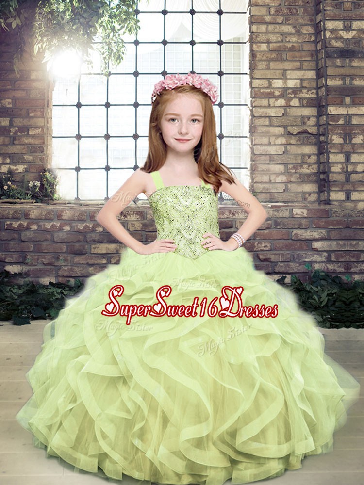 Perfect Yellow Green Tulle Lace Up Straps Sleeveless Floor Length Little Girls Pageant Gowns Beading and Ruffles