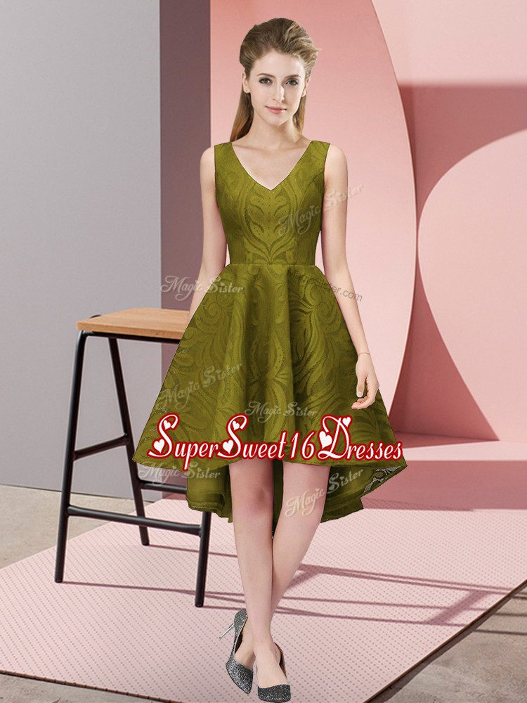 Pretty Olive Green V-neck Neckline Lace Damas Dress Sleeveless Zipper