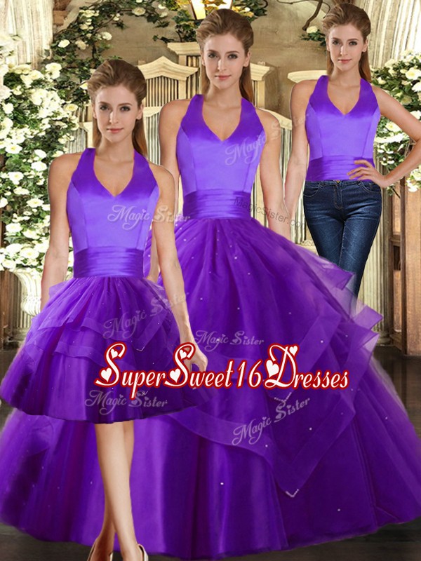 Glamorous Purple Tulle Lace Up Halter Top Sleeveless Floor Length 15th Birthday Dress Ruffles