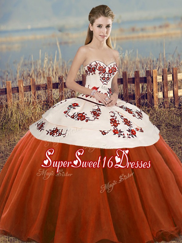  Rust Red Sleeveless Floor Length Embroidery and Bowknot Lace Up Sweet 16 Quinceanera Dress