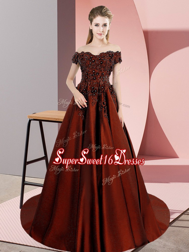  Rust Red Satin Zipper Off The Shoulder Sleeveless 15th Birthday Dress Court Train Appliques