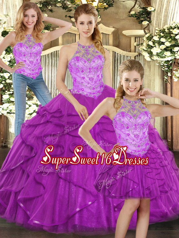 New Style Halter Top Sleeveless Tulle 15 Quinceanera Dress Beading and Ruffles Lace Up