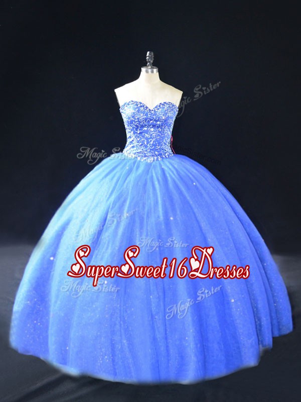  Floor Length Blue Quinceanera Dresses Tulle Sleeveless Beading