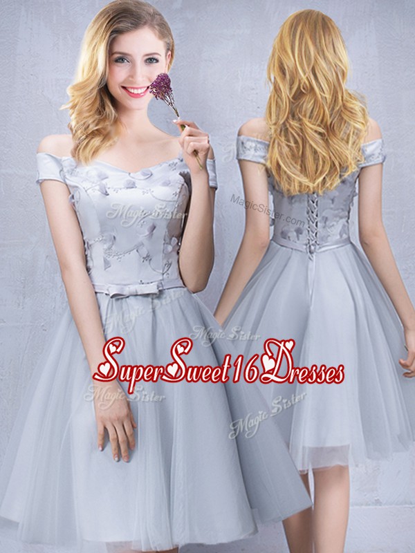 Exquisite Grey A-line Tulle Off The Shoulder Sleeveless Appliques and Belt Knee Length Lace Up Damas Dress