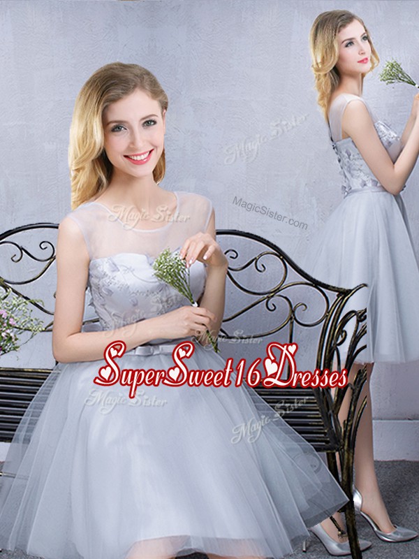 Custom Design Scoop Grey A-line Lace and Appliques and Belt Quinceanera Court Dresses Lace Up Tulle Sleeveless Knee Length