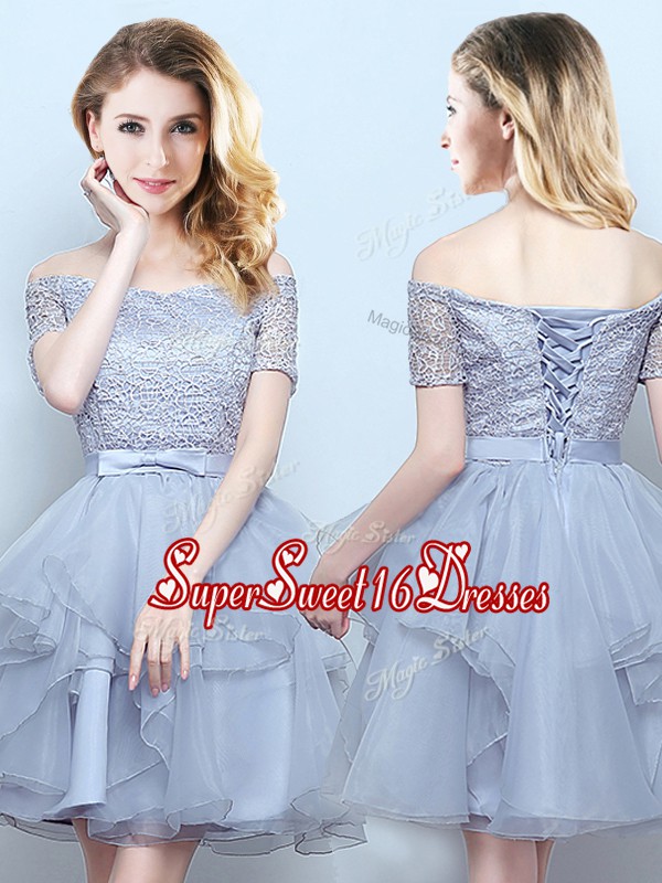 Dynamic Off the Shoulder Short Sleeves Lace Up Mini Length Lace and Ruffles and Belt Court Dresses for Sweet 16