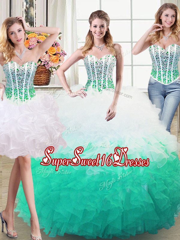  Three Piece White and Green Organza Lace Up Quinceanera Dresses Sleeveless Floor Length Beading and Ruffles
