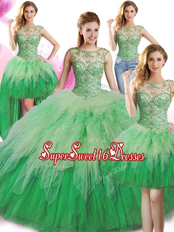  Four Piece Scoop Floor Length Ball Gowns Sleeveless Green Sweet 16 Dresses Lace Up