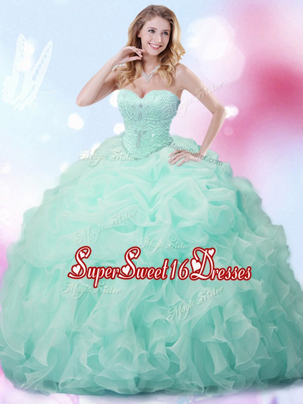 Apple Green Lace Up Sweet 16 Dresses Beading and Ruffles and Pick Ups Sleeveless With Brush Train