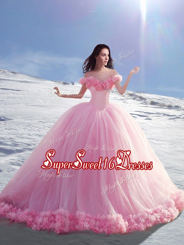 High Class Off The Shoulder Cap Sleeves Tulle Sweet 16 Quinceanera Dress Hand Made Flower Court Train Lace Up