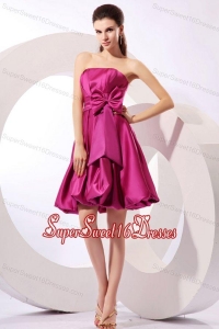 Strapless Fuchsia Dresses for Dama with Bow Knot A-line Knee-length