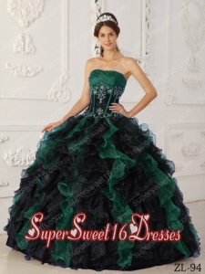 Lace-up Ball Gown Strapless Taffeta and Organza Beading 2014 Quinceanera Dress in Green and Black