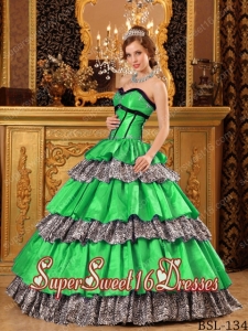 Popular Taffeta and Zebra Ball Gown Sweetheart Ruffles Green 2014 Quinceanera Dress