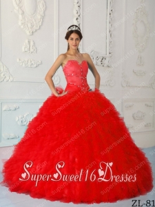 Red Ball Gown Sweetheart Satin and Beading Cheap Sweet Sixteen Dresses