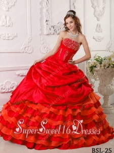 Red Ruffled Layers Ball Gown Strapless Taffeta Beading 2014 Quinceanera Dress