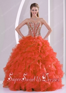 Ruffles and Beaded Decorate Coral Red Cheap Sweet Sixteen Dresses