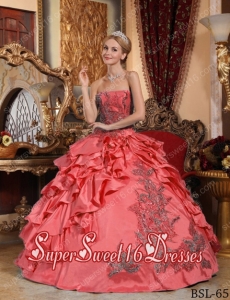 Cheap Coral Red Ball Gown Taffeta Appliques Sweet Sixteen Dresses