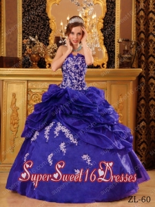 Cheap Purple Ball Gown Strapless Floor-length Organza Appliques Sweet Sixteen Dresses
