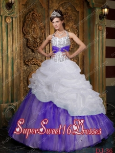 Halter Floor-length Beading Cheap Sweet Sixteen Dresses in White and Purple