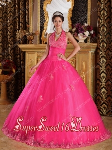 Ball Gown Halter Appliques Tulle Cheap Sweet Sixteen Dresses in Hot Pink