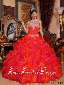 Ball Gown Sweetheart Organza Appliques and Beading 2014 Quinceanera Dress in Coral Red