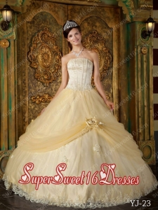 Champagne Strapless Tulle Quinceanera Dress with Hand Made Flower and Appliques