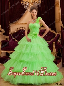Cheap Green A-line One Shoulder Floor-length Ruffles Sweet Sixteen Dresses