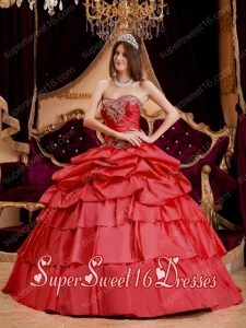 Coral Red Ball Gown Sweetheart Taffeta Appliques 2014 Quinceanera Dress with Pivk Ups And Ruffled Layers
